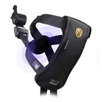 Pet car seat belt harness for safe and secure dog travel, black with gold emblem.
