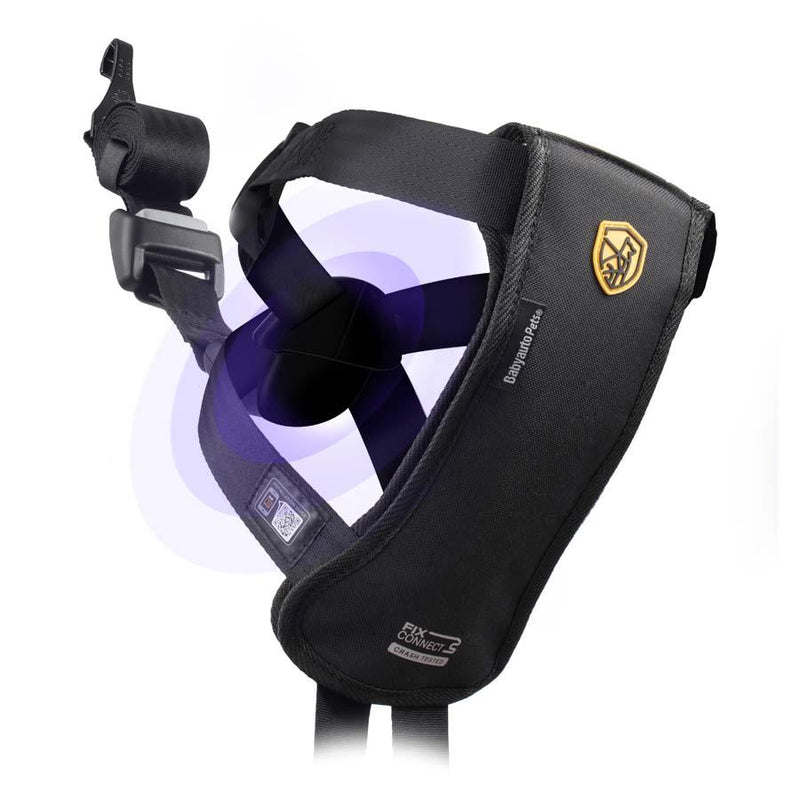 Pet car seat belt harness for safe and secure dog travel, black with gold emblem.