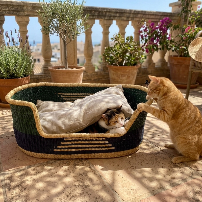 Handwoven elephant grass cat bed with two cats, outdoor patio, potted plants, cushion