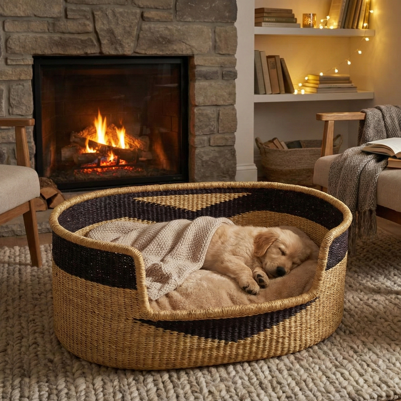 Cesta de mimbre tradicional con tonos negros y beige.