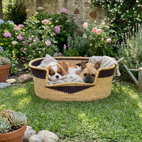 Two dogs resting in a handwoven dog basket bed on grass, surrounded by flowers in a garden