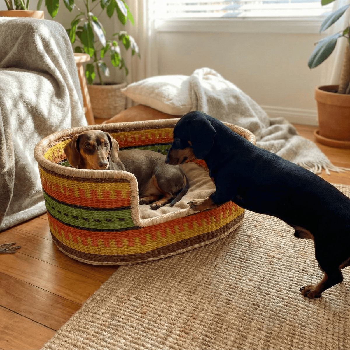 Cesta de mimbre colorida, con tonos amarillos, naranjas y verdes claros.
