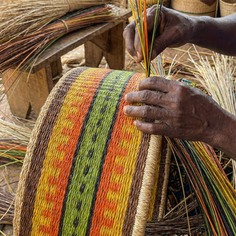 Hands weaving a colorful, handwoven elephant grass basket with orange and green patterns.