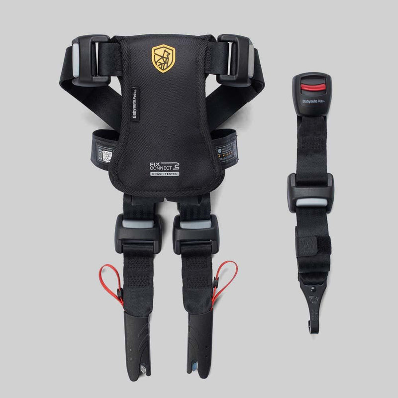 Black crash-tested dog car safety harness with secure buckles on gray background
